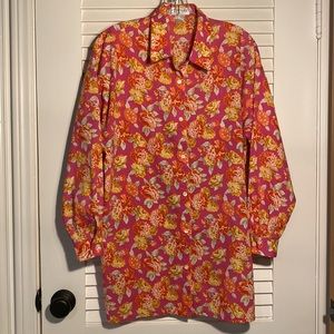 Pink & orange Floral button-down, Ann Taylor Studio, long sleeve/deep side slits